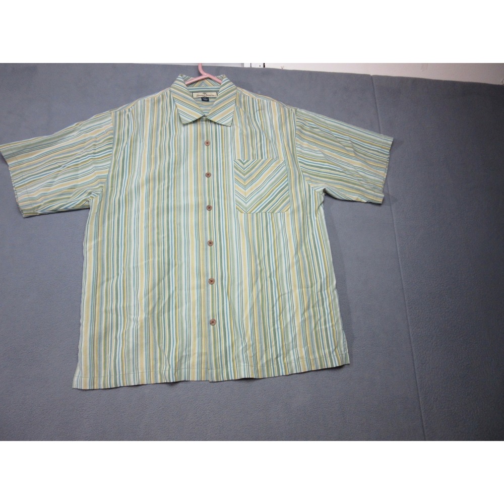Tommy Bahama Silk Shirt Mens Medium MultiColor Striped Aloha Beach Short Sleeve
